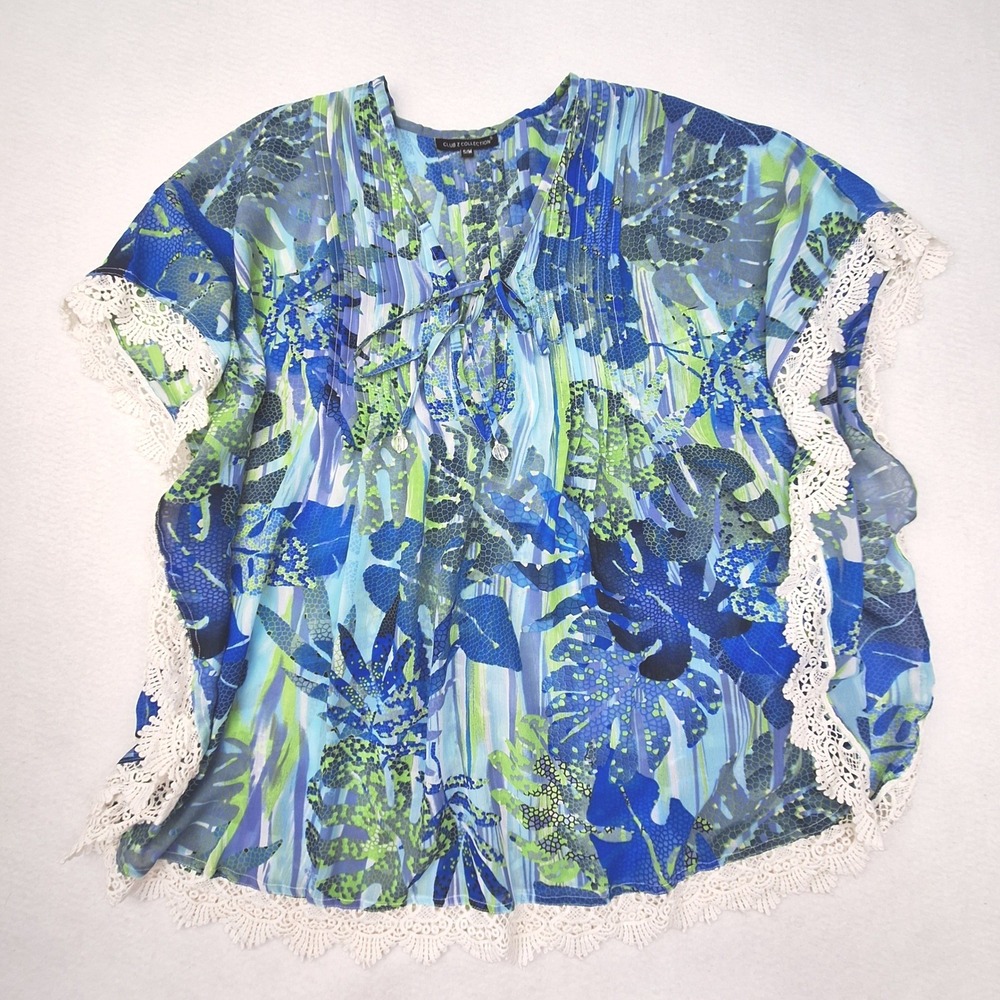 Club Z Collection Coverup Womens Small Medium Blue Tropical Lace Trim Kaftan Top